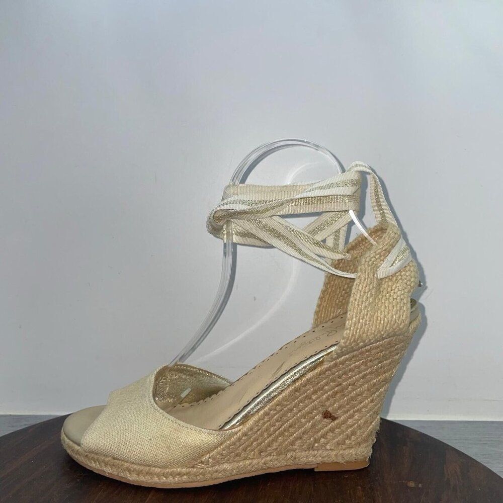 Lilly Pulitzer Women's Alyssa Wedge Sandals Size 6.5 Tie Open Toe Gold 24627
